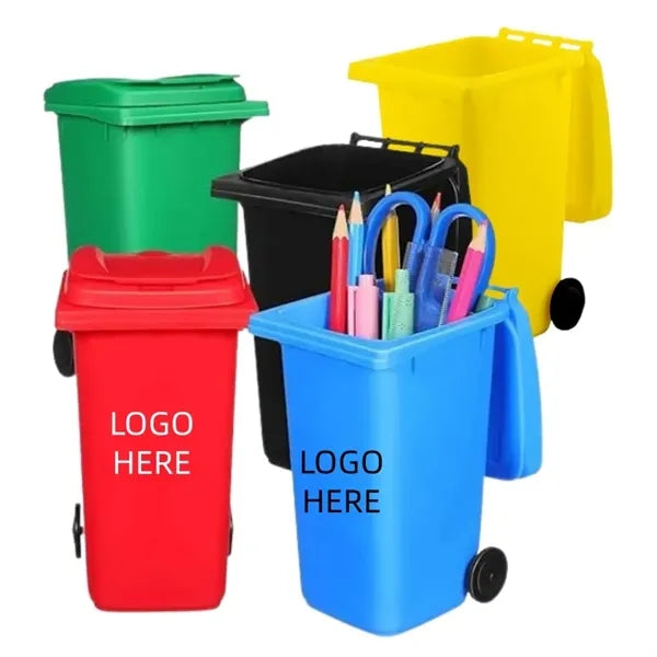 Mini Trash Can Pen Holder with Lid and Wheels for Desk
