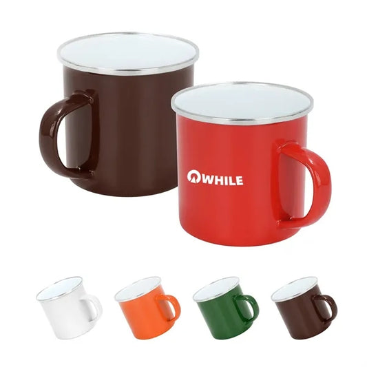 12Oz White Enamel Mug Silver Rim With Case
