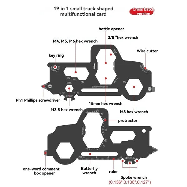 21-in-1 Truck Shaped Multitool Card Keychain