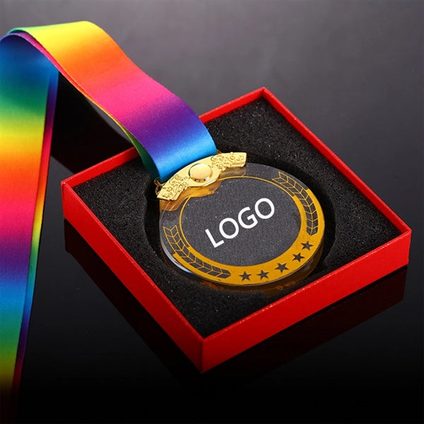 Metal Inlay Crystal Medal with Lanyard