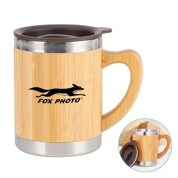 10 oz Bamboo Stainless Steel Coffee Mug With Lid Handle
