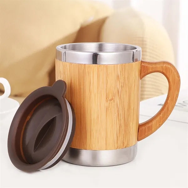 10 oz Bamboo Stainless Steel Coffee Mug With Lid Handle