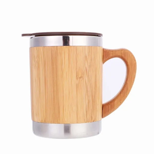 10 oz Bamboo Stainless Steel Coffee Mug With Lid Handle