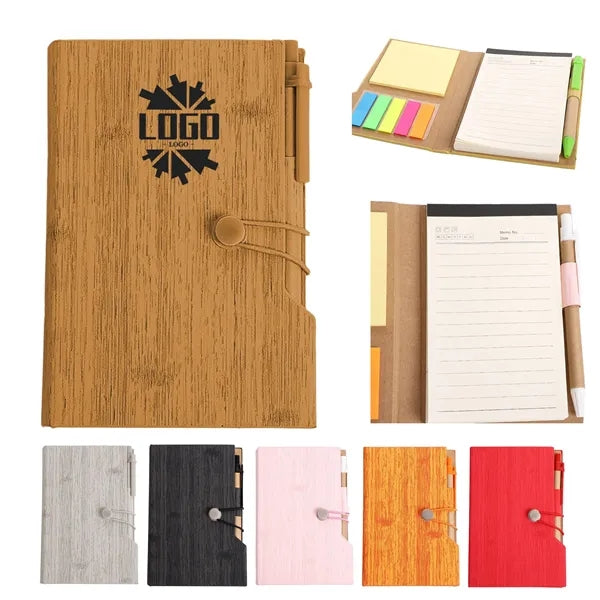 Wood Grain Notebook with Sticky Note and Pen