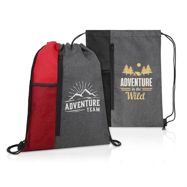 Heathered Drawstring Bag with Pockets & Trim
