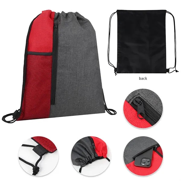 Heathered Drawstring Bag with Pockets & Trim