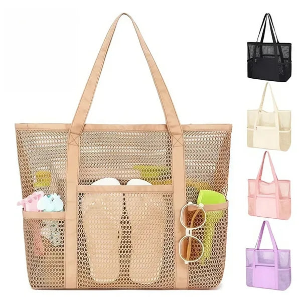 Large Mesh Beach Tote Bag with Multiple Pockets for Travel