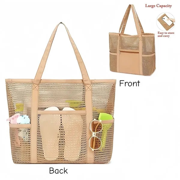 Large Mesh Beach Tote Bag with Multiple Pockets for Travel