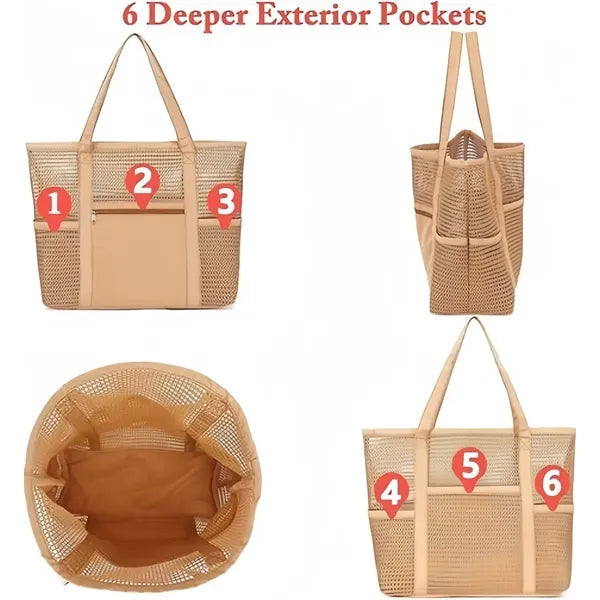 Large Mesh Beach Tote Bag with Multiple Pockets for Travel