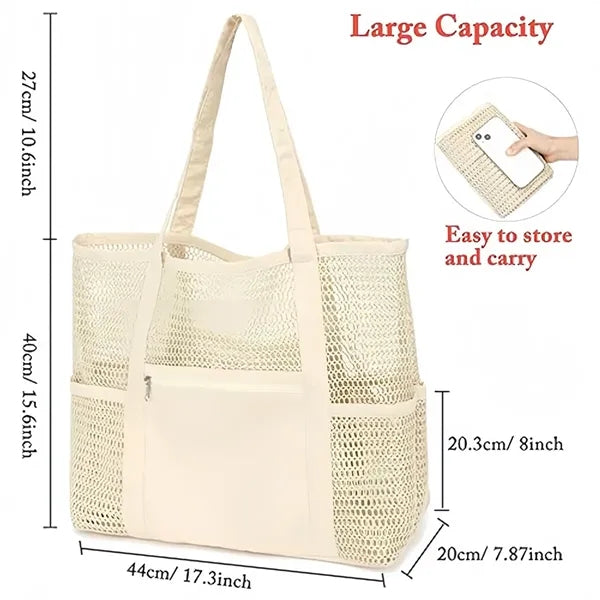 Large Mesh Beach Tote Bag with Multiple Pockets for Travel