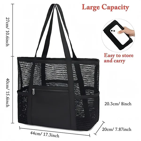 Large Mesh Beach Tote Bag with Multiple Pockets for Travel
