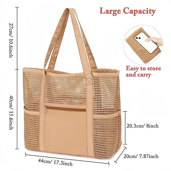 Large Mesh Beach Tote Bag with Multiple Pockets for Travel