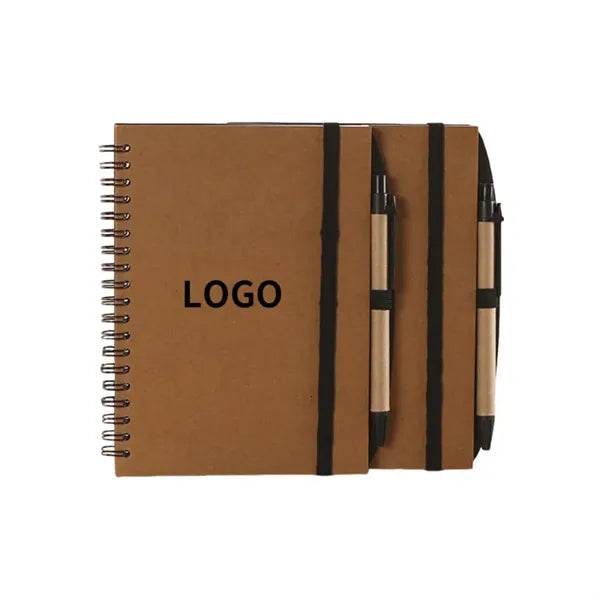 Kraft Paper Cover Spiral Notebooks With Strap & Matching Pen