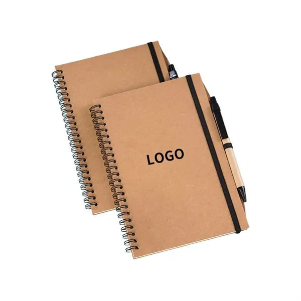 Kraft Paper Cover Spiral Notebooks With Strap & Matching Pen