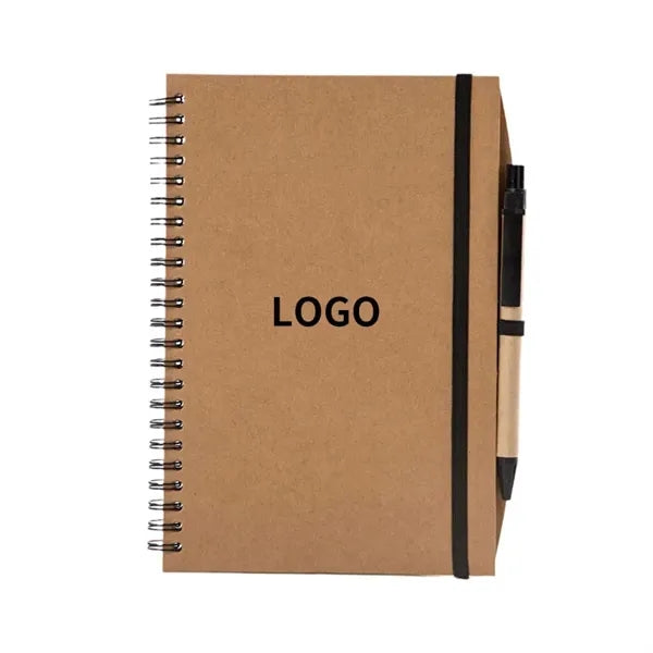 Kraft Paper Cover Spiral Notebooks With Strap & Matching Pen