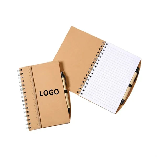 Kraft Paper Cover Spiral Notebooks With Strap & Matching Pen