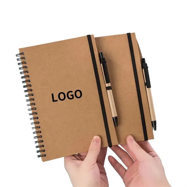 Kraft Paper Cover Spiral Notebooks With Strap & Matching Pen