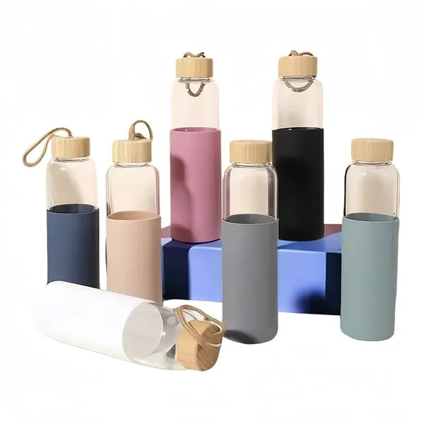17oz Glass Water Bottle with Silicone Sleeve Bamboo Lid
