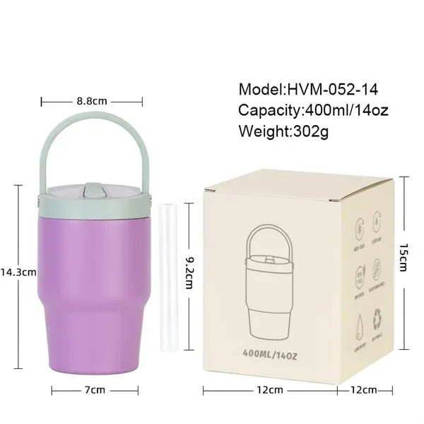 14oz Stainless Steel Tumbler with Handle Straw Lid for Trave