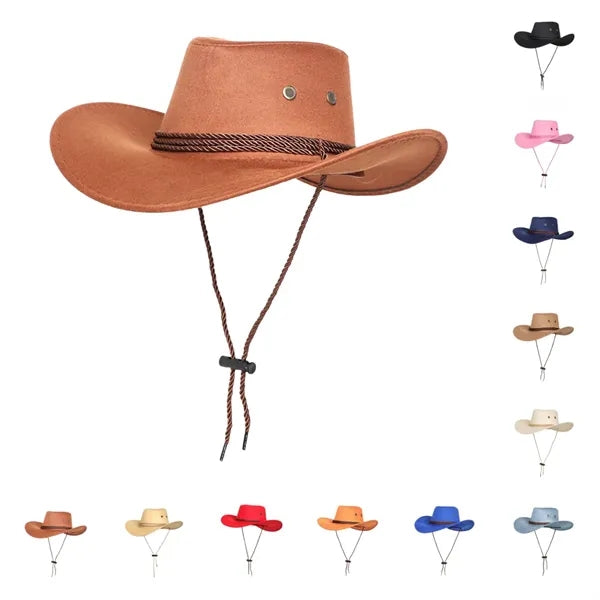 Suede Cowboy Hat Western Style with Chin Strap for Outdoor