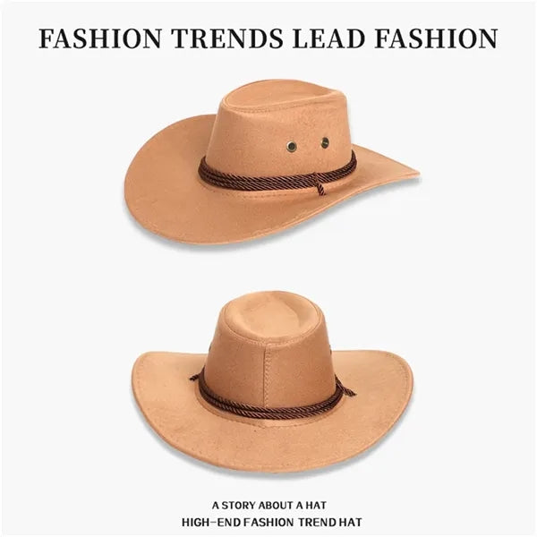 Suede Cowboy Hat Western Style with Chin Strap for Outdoor
