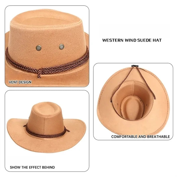 Suede Cowboy Hat Western Style with Chin Strap for Outdoor