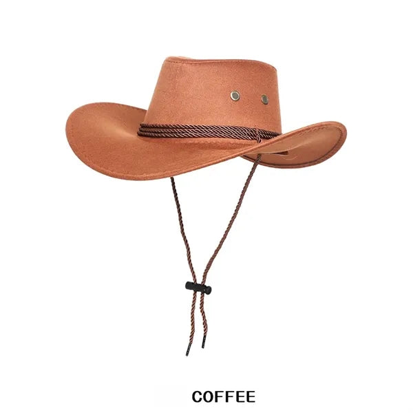 Suede Cowboy Hat Western Style with Chin Strap for Outdoor