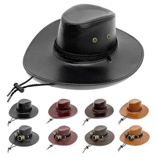 PU Leather Cowboy Hat Western Style with Adjustable Strap