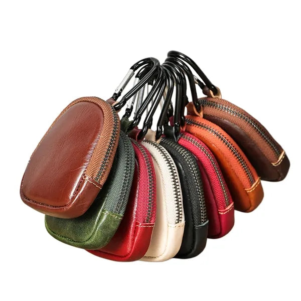 Genuine Leather Mini Coin Pouch with Carabiner for Keys