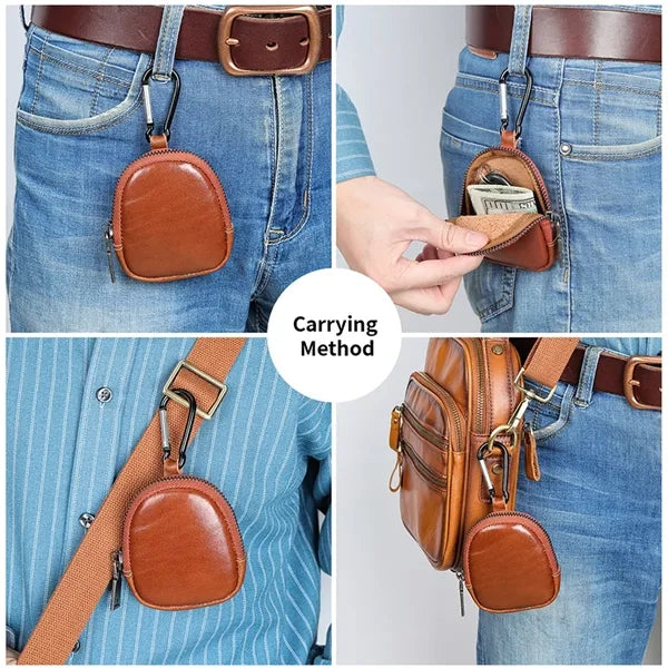 Genuine Leather Mini Coin Pouch with Carabiner for Keys