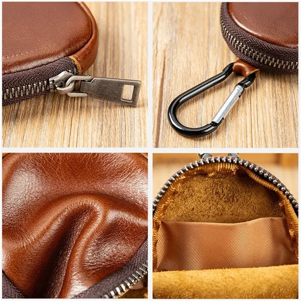 Genuine Leather Mini Coin Pouch with Carabiner for Keys
