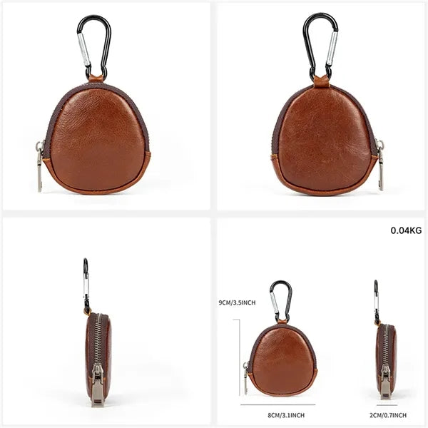 Genuine Leather Mini Coin Pouch with Carabiner for Keys