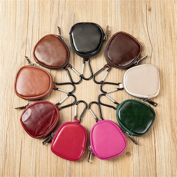 Genuine Leather Mini Coin Pouch with Carabiner for Keys