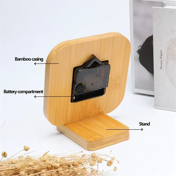 Silent Non-Ticking Bamboo Wood Desktop Clock on Stand