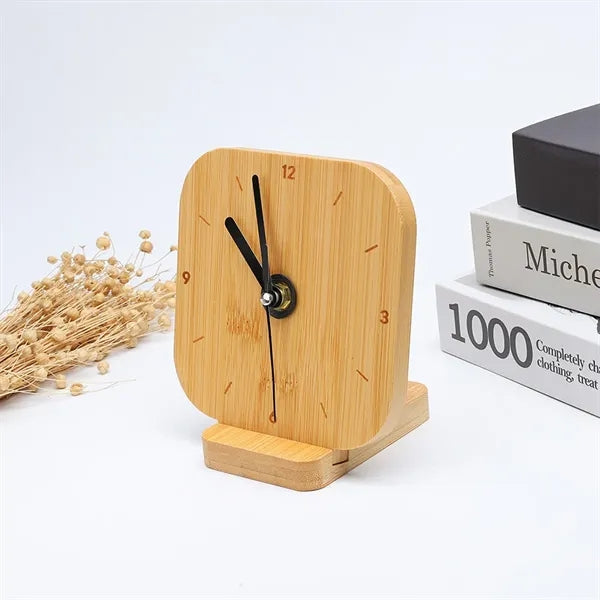 Silent Non-Ticking Bamboo Wood Desktop Clock on Stand