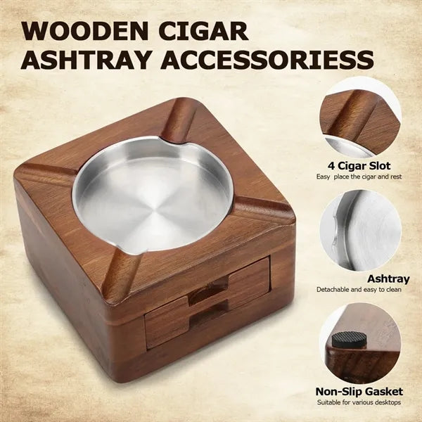 Premium Wooden Cigar Ashtray Drawer Storage Holder
