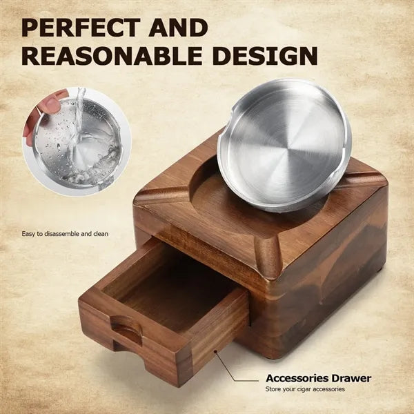 Premium Wooden Cigar Ashtray Drawer Storage Holder