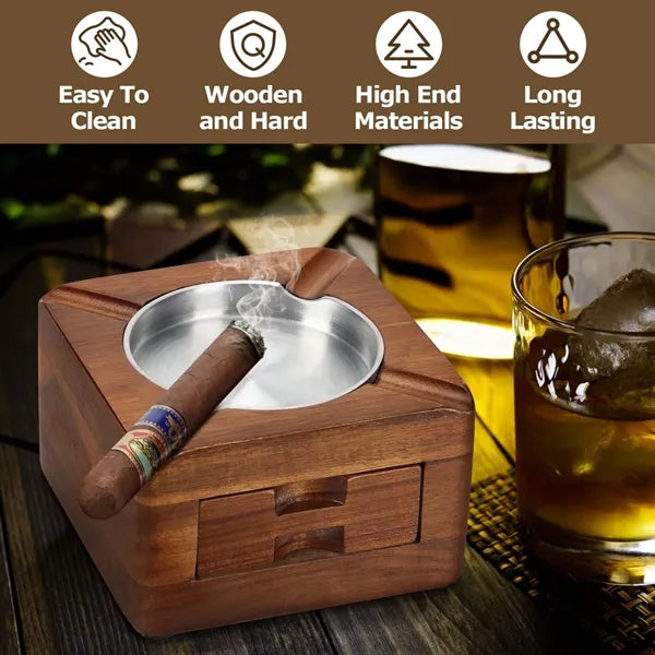Premium Wooden Cigar Ashtray Drawer Storage Holder