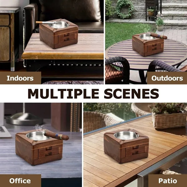 Premium Wooden Cigar Ashtray Drawer Storage Holder
