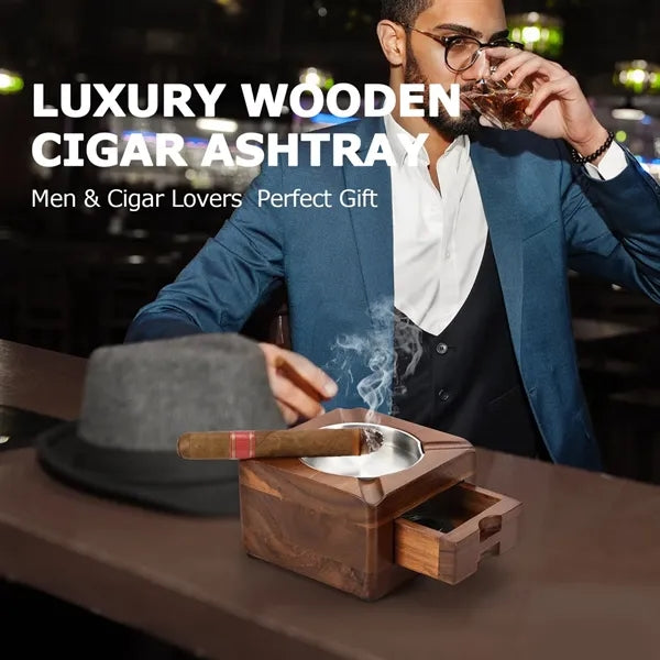 Premium Wooden Cigar Ashtray Drawer Storage Holder