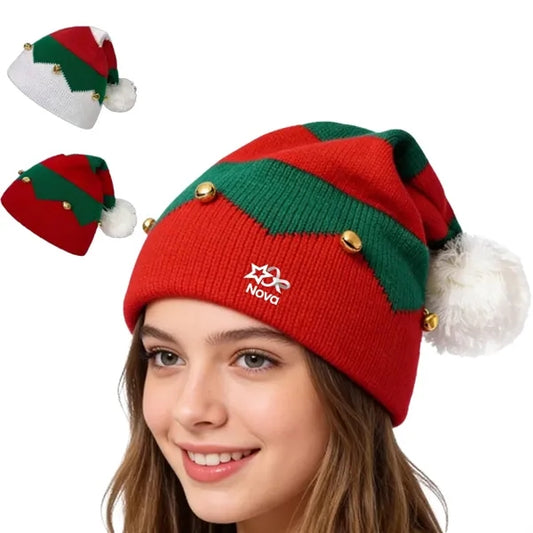 Christmas Striped Santa Hat Vintage Knitted Bells Cap