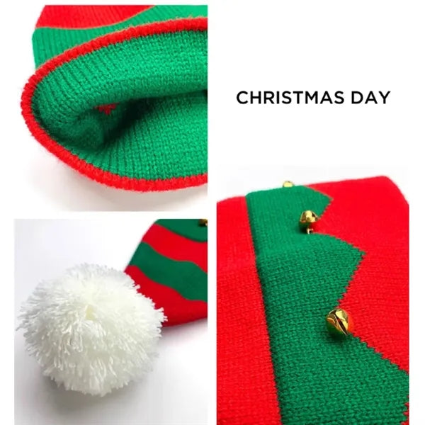 Christmas Striped Santa Hat Vintage Knitted Bells Cap