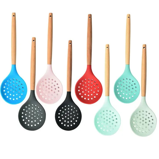 12.7in Silicone Slotted Spoon with Wooden Handle for Cooking
