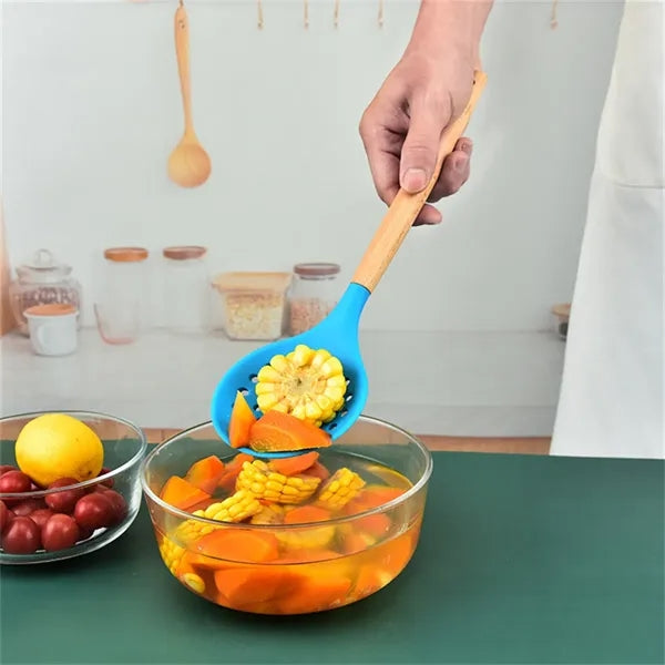 12.7in Silicone Slotted Spoon with Wooden Handle for Cooking