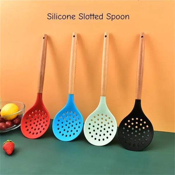 12.7in Silicone Slotted Spoon with Wooden Handle for Cooking