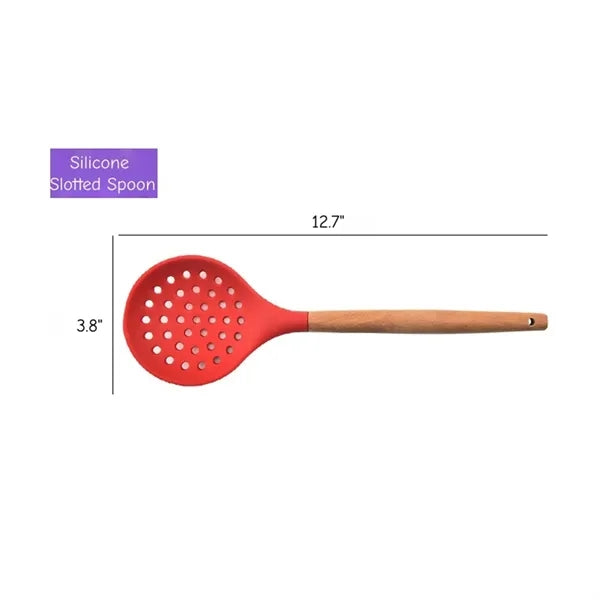 12.7in Silicone Slotted Spoon with Wooden Handle for Cooking