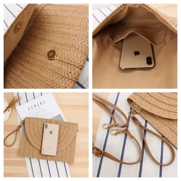 Boho Wicker Straw Clutch Retro Envelope Shoulder Bag