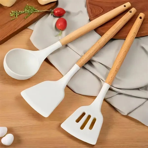 Silicone Cooking Utensil Sets Wooden Handle Ladles