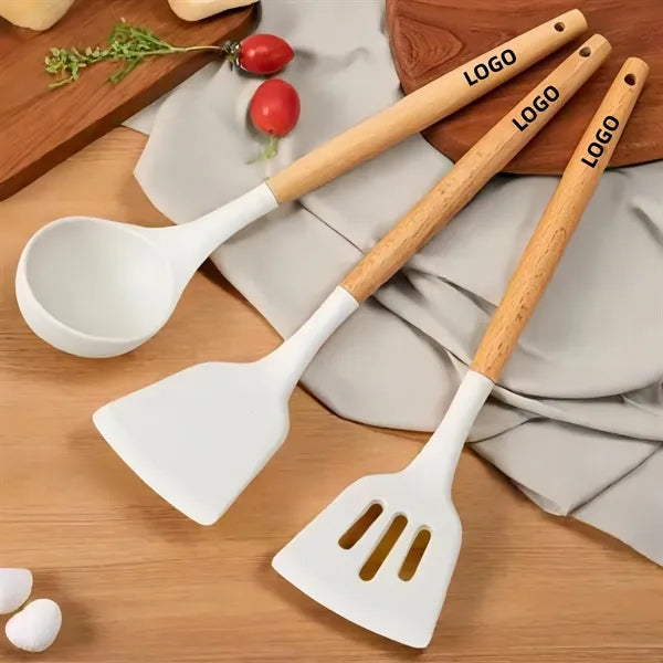 Silicone Cooking Utensil Sets Wooden Handle Ladles