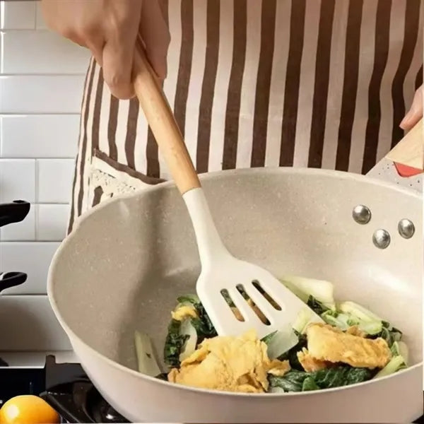 Silicone Cooking Utensil Sets Wooden Handle Ladles